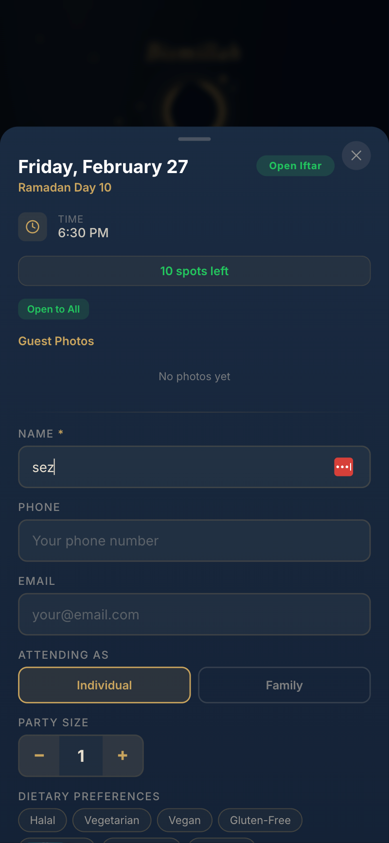 Guest RSVP form with dietary preferences and party size options